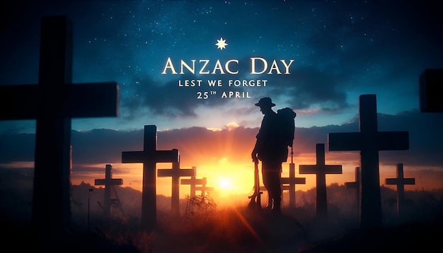 Anzac day background with a silhouette of a soldier standing solemnly in a cemetery at sunset