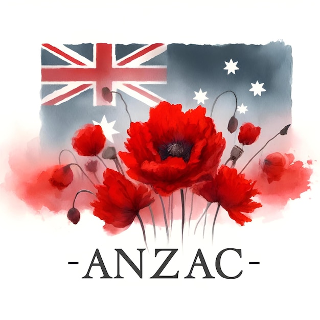 Anzac day illustration in watercolor style with red poppy flowers and australian flag