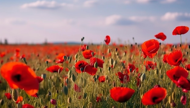 Photo anzac day memorial poppies field of red poppy flowers to honour fallen veterans soldiers in battle of anzac armistice day wildflowers blooming poppy field landscape generate ai