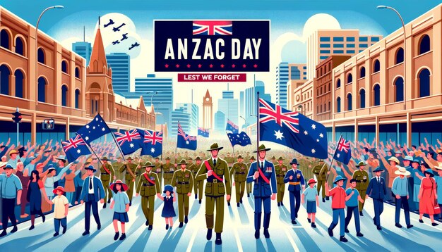 Photo anzac day parade vector illustration with diverse crowd and flags