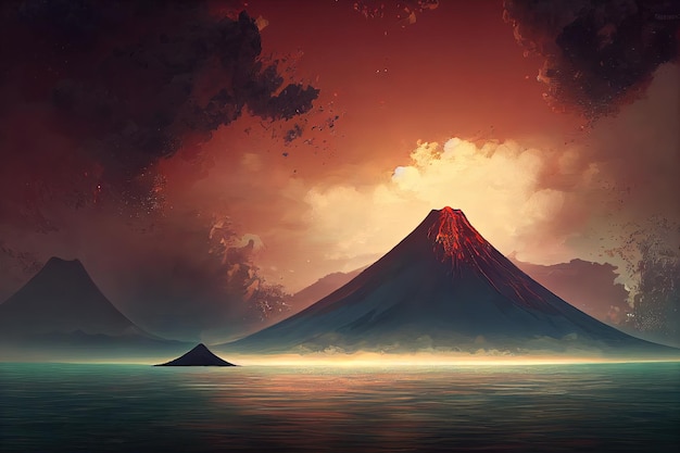 Aogashima Volcano Japan A small village living in a volcanic island digital art painting skyline