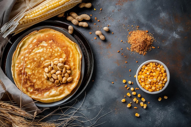 Photo apam balik a plate of pancakes with nuts on top and a bowl of corn