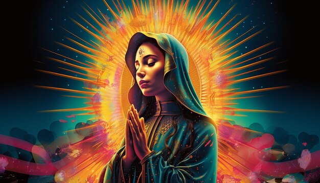 aparicin de la virgen Maria como el poster de una pelcula de hollywood muy colorido