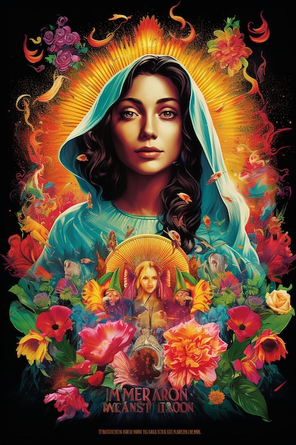 Photo aparicin de la virgen maria como el poster de una pelcula de hollywood muy colorido
