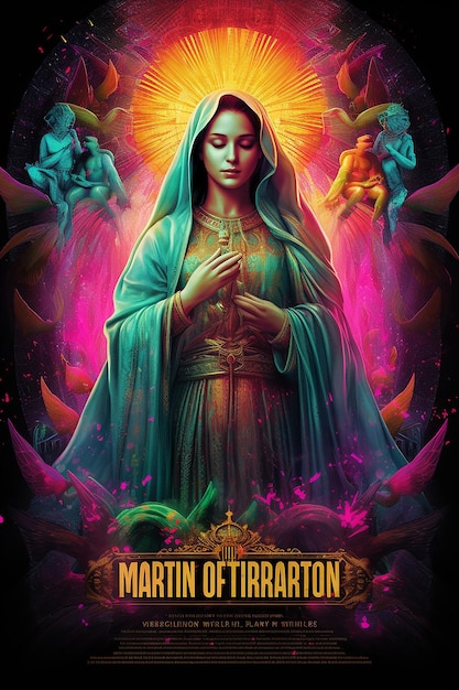 Photo aparicin de la virgen maria como el poster de una pelcula de hollywood muy colorido