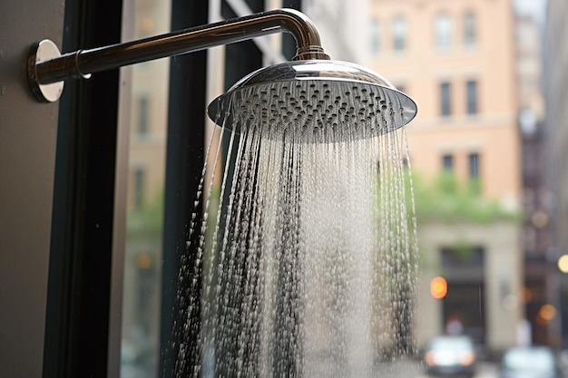 Photo apartment bathroom with a rainfall showerhead and built in bench