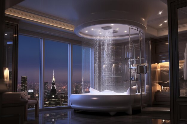 Photo apartment bathroom with a rainfall showerhead and built in bench