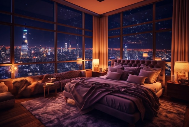 Apartment bedroom with beautiful city night view from the window generative ai