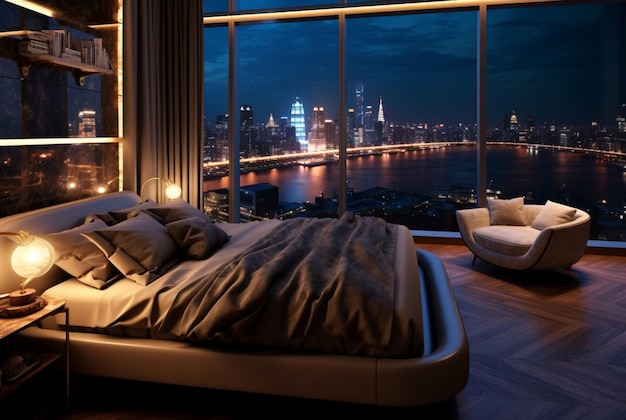 Apartment bedroom with beautiful city night view from the window generative ai