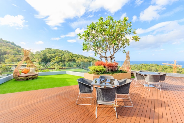 Apartment building roof top terrace exterior with modern living area