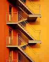 Photo an apartment building with fire escapes on the balknotn staircases in orange and yellow colors as seen from below