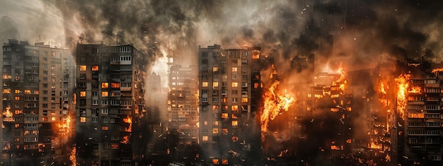 apartment buildings burning with various fires in the street