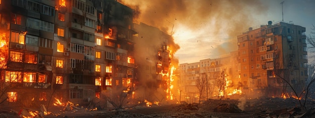 apartment buildings burning with various fires in the street