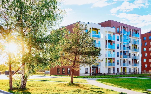 Apartment house and home residential buildings outdoor concept. Street and backgrounds. With sun light