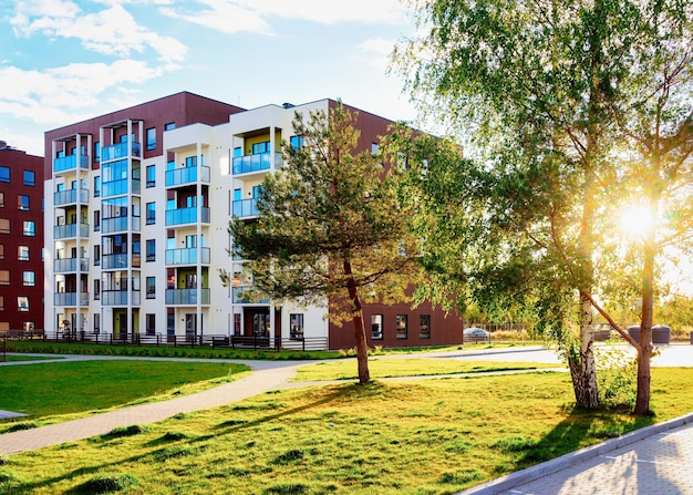 Photo apartment house and home residential buildings outdoor concept. street and backgrounds. with sun light