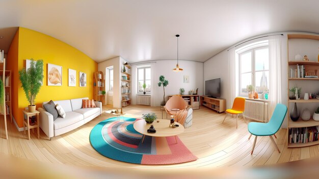 Панорама интерьера квартиры 3d Яркий цвет Generative Ai