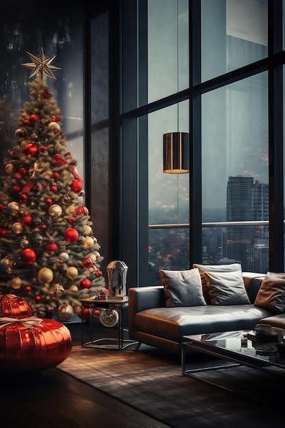 Apartment interior with Christmas tree and big windows with city lights AI Generative