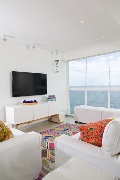 Apartment interior with ocean view.