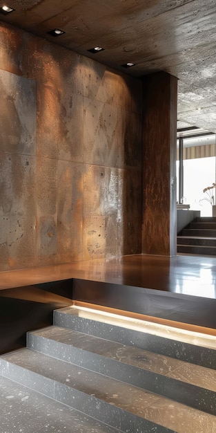 Photo apartment interior with rusty steel wall and marble floor