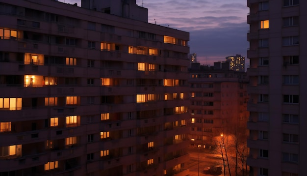 Apartment lights during dusk on socialist blocks Generative ai art