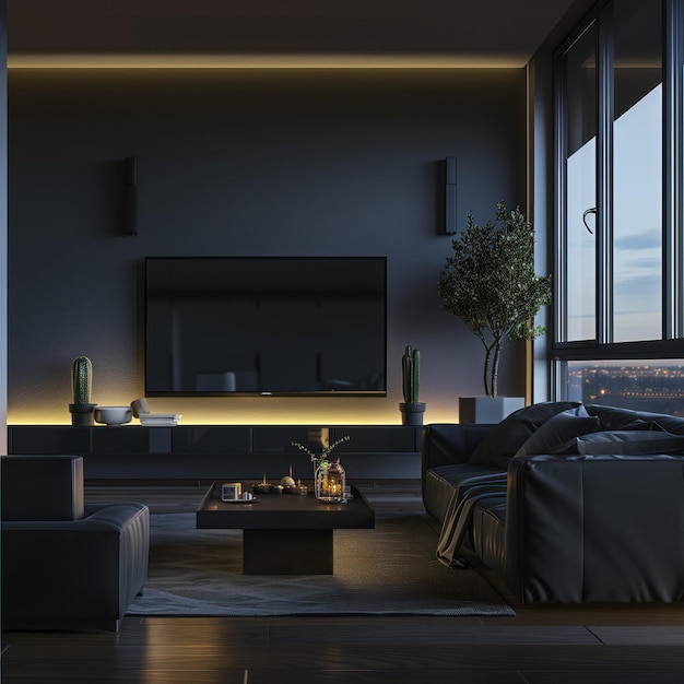 Apartment living room at evening with dime led light