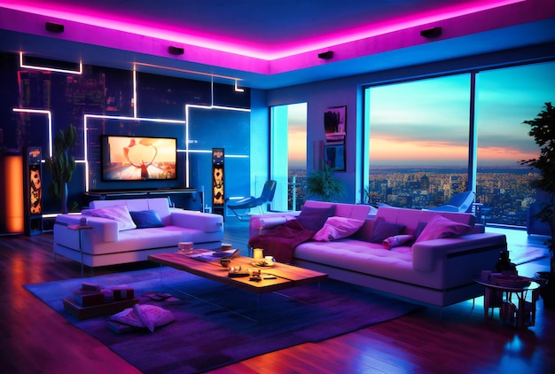 An apartment living room lit in blue colors