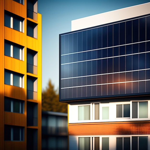 A apartment office building with a solar panel on the side of it