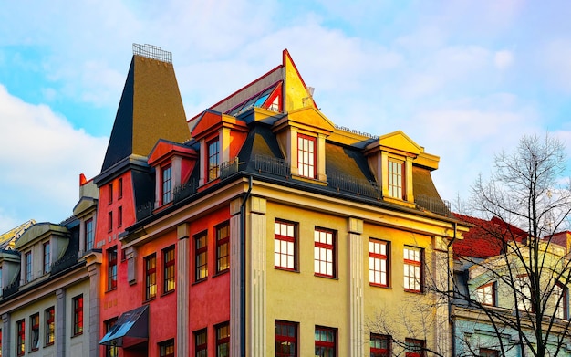 Apartment in residential building exterior. housing structure
at blue modern house of europe. rental home in city district on
summer. architecture for business property investment in riga,
latvia.