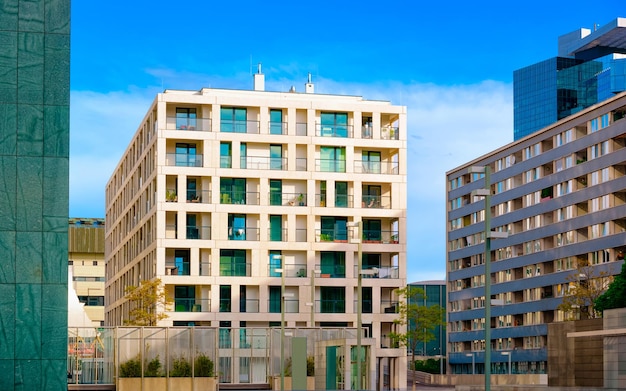 Apartment in residential building exterior. Housing structure at blue modern house of Europe. Rental home in city district on summer. Architecture for business property investment, Vienna Austria.