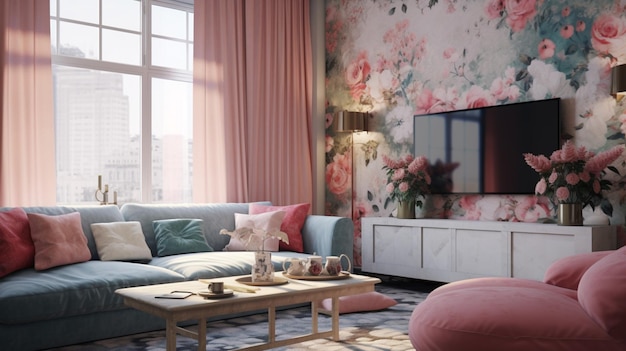 Apartment with floral wallpaper 8k UHD Generative Ai