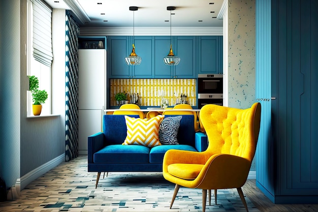 Apartment with home interior blue sofa and yellow armchair