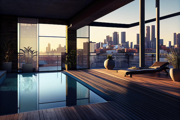 Apartment with rooftop swimming pool and view of the city skyline