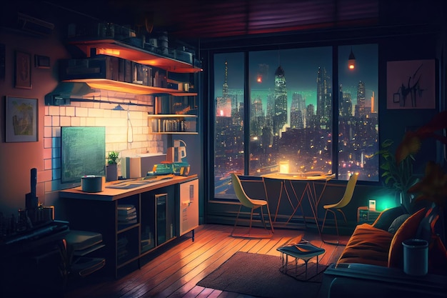 Apartment with view of busy cityscape filled with lights and activity