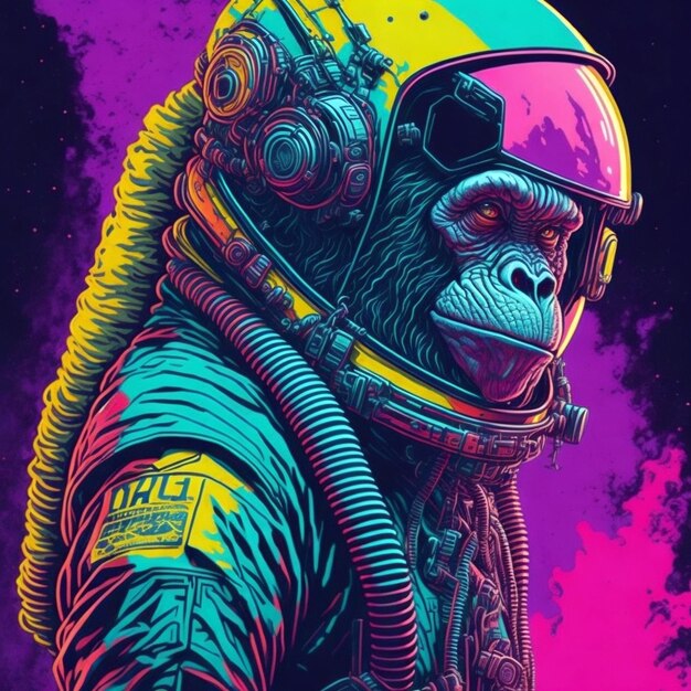 Ape in spacesuit with helmet cyberpunk