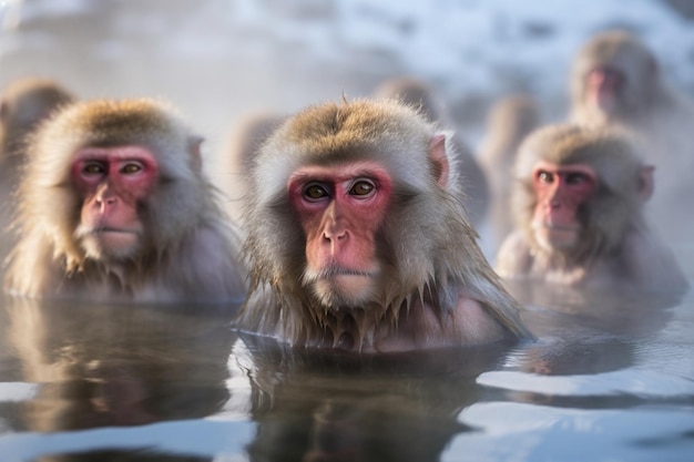 Apen die baden in warmwaterbronnen in Japan