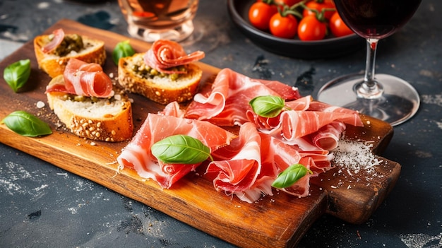 Foto aperitivo a tavola jamon con bruschetta e parmigiano generativo ai