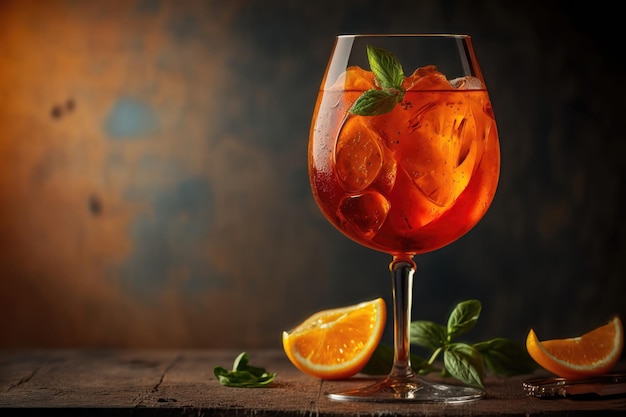 Aperol cocktail decorated with orange at dark background with light AI Generation