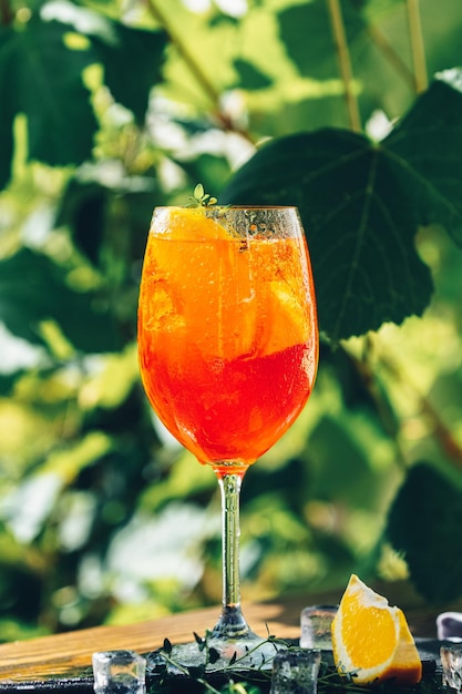 Aperol spritz cocktail in big wine glass close up with oranges summer Italian fresh alcohol cold drink Sunny garden with vineyard background summer mood concept selective focus