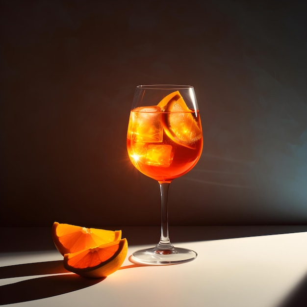 Коктейль Aperol spritz в большом бокале со льдом и кровавыми апельсинами на сером фоне в яркой молнии с тенями летний итальянский освежающий холодный алкогольный напиток Апельсиновый коктейль Generative AI