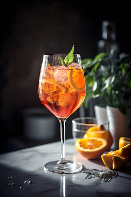 Aperol Spritz cocktail met ijs en sinaasappel in glas op een donkere achtergrond Zomer verfrissend drankje concept Gegenereerde AI