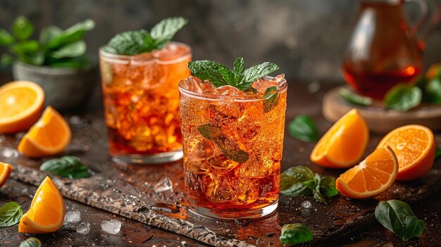 Foto aperol spritz cocktail con agrumi e menta su tavola rustica