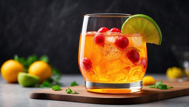 Aperol Spritz cocktail with ice and orange in glass on a dark background Summer refreshing drink con