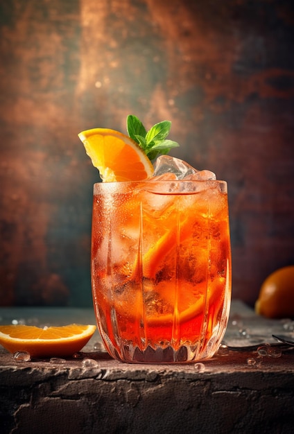 Aperol Spritz cocktail with orange on bright beautiful background