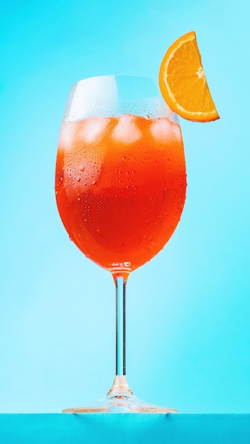 Foto aperol spritz cocktail con una fetta di arancia. bicchiere di cocktail aperol spritz su sfondo blu. cocktail estivo italiano nello stile del minimalismo. orientamento verticale