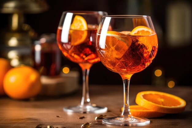 Aperol spritz gegarneerd met sinaasappelschijf gemaakt met generatieve ai