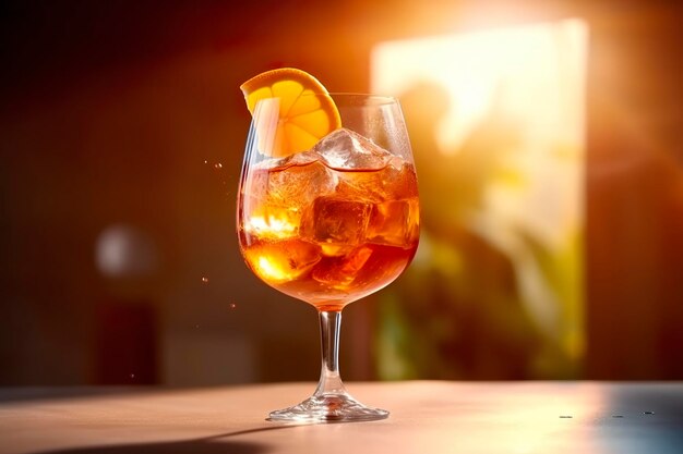 Летний напиток Aperol spritz в стакане с тенями на тропическом фоне Generative AI