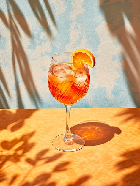 Aperol spritz summer drink in glass with shadows tropical background Generative AI