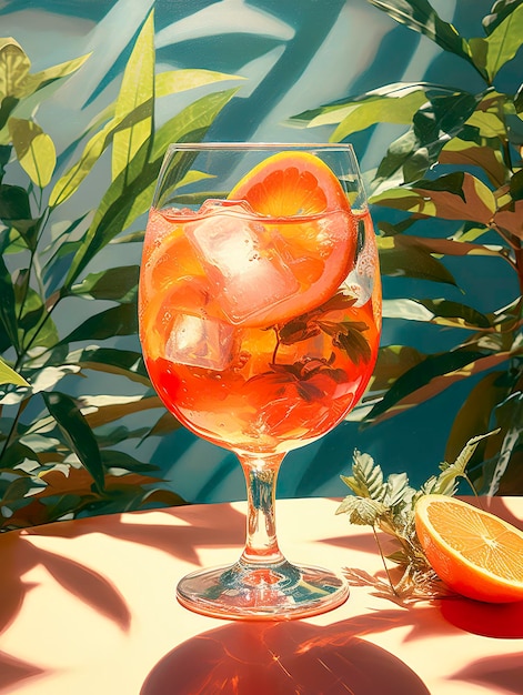 Aperol spritz summer drink in glass with shadows tropical background Generative AI