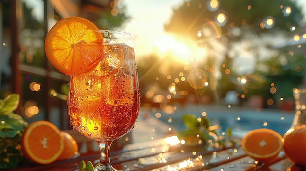 Foto aperol spritz con ruota arancione in una terrazza soleggiata di bicchiere di vino