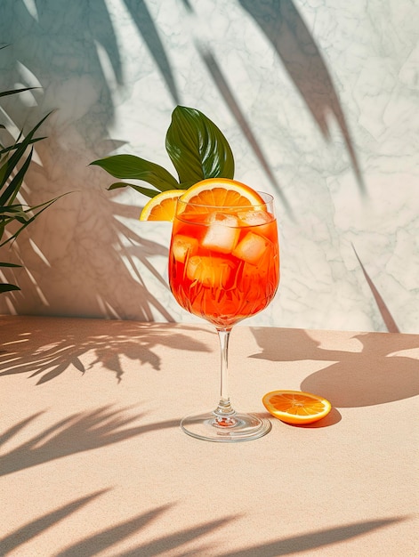 Aperol spritz zomerdrank in glas met schaduwen tropische achtergrond Generatieve AI